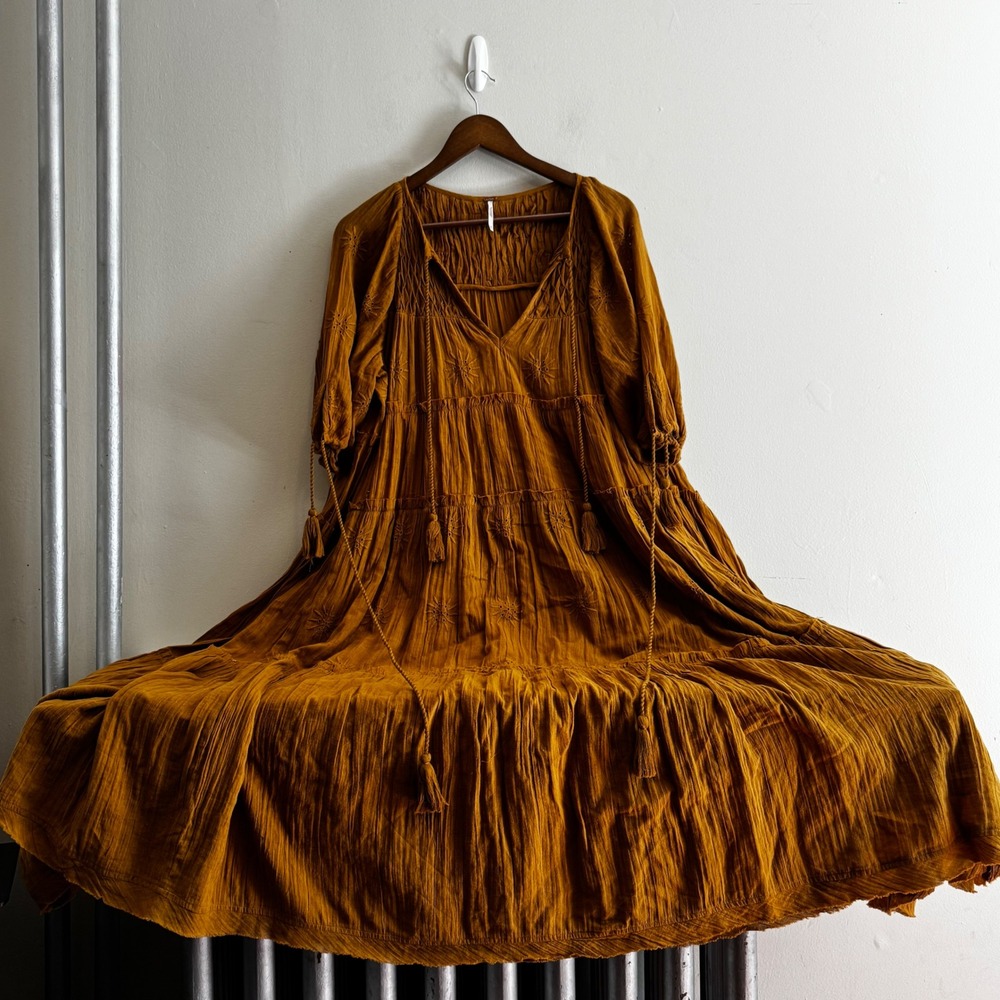Free People Women's M Rust Brown Embroidered Cotton Maxi Dress Boho Indie Fall